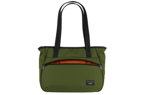 Photo of the Nomad Tote in Saguaro (olive green) Ballistic with Persimmon (dark orange with orange grid) 210 Cerylon interior.